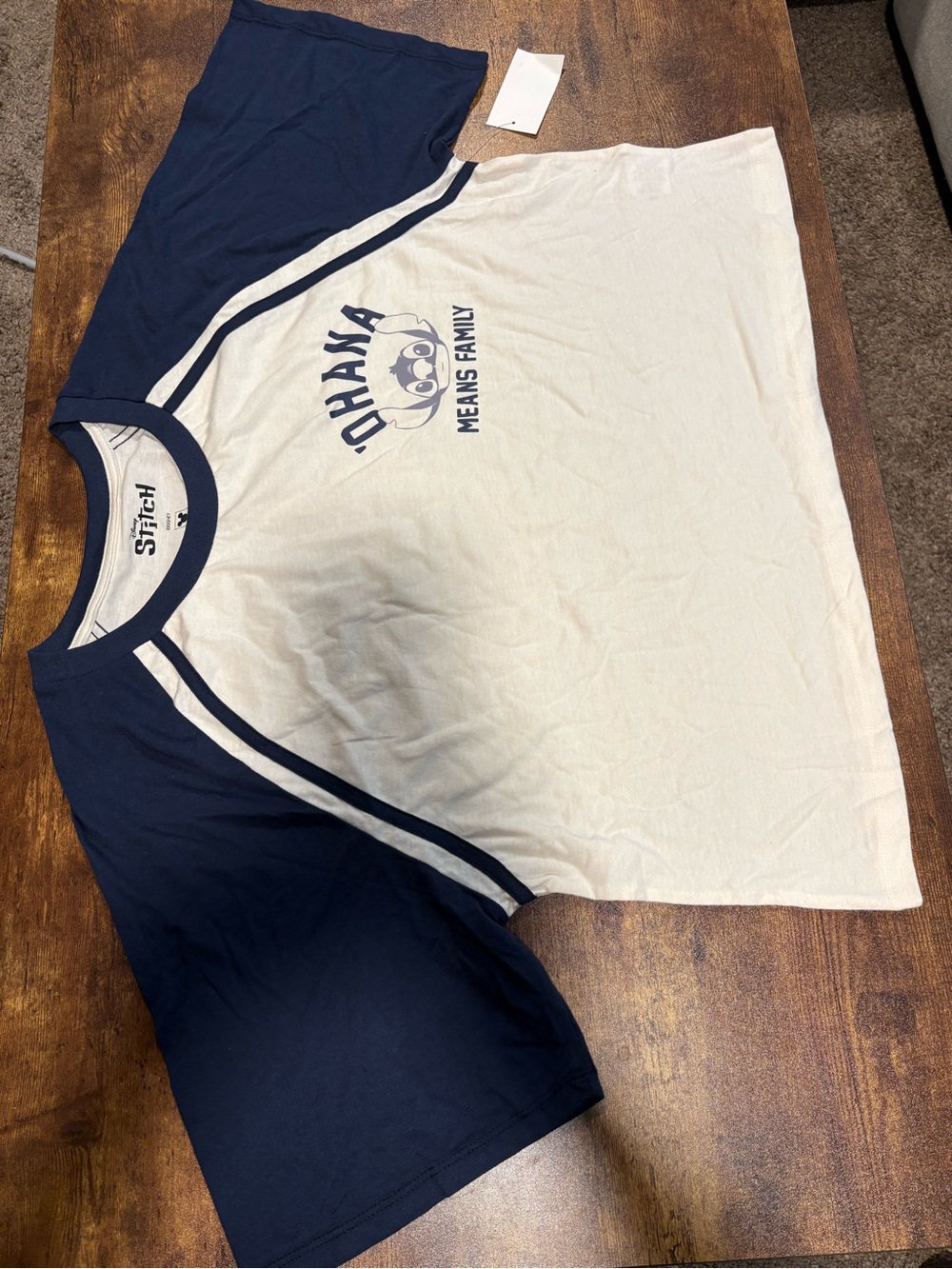 Ladies size L Cropped Disney Stitch Ohana Means Family' Navy & cream Tee